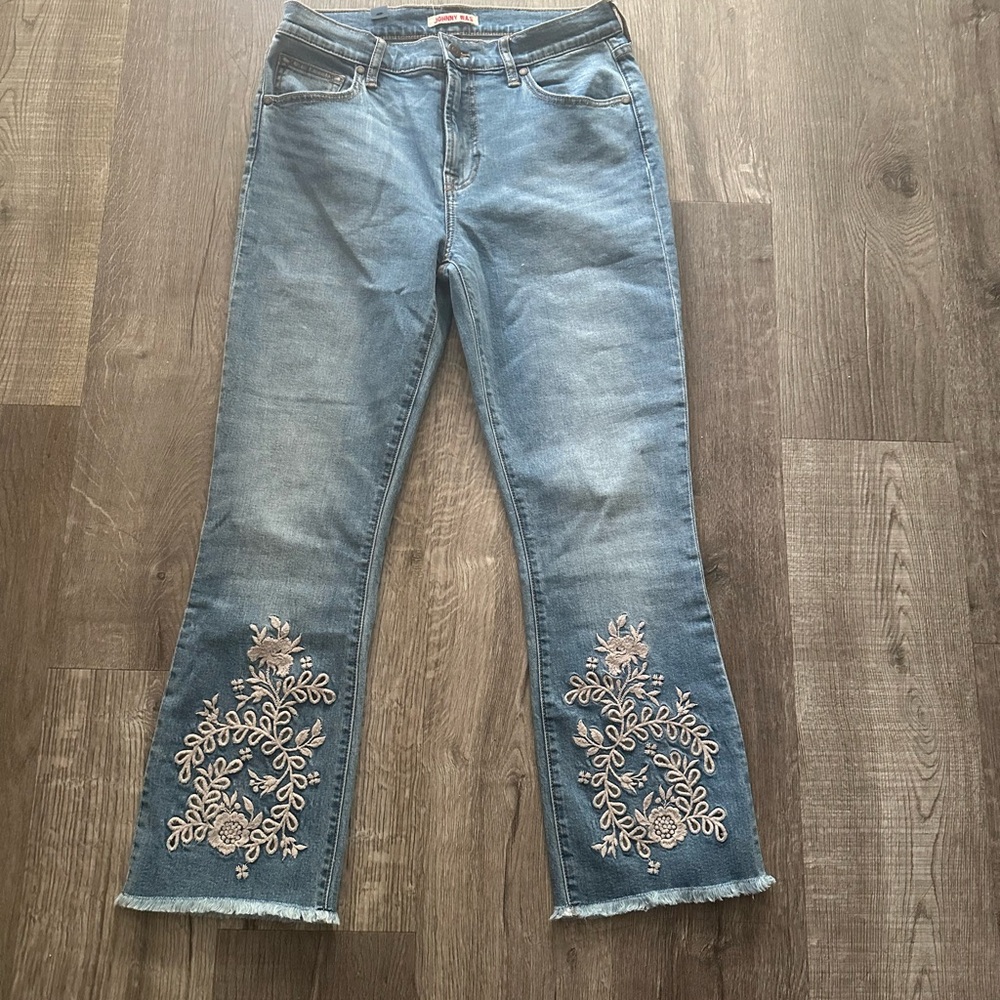 Johnny Was Blue Flare Jeans with Floral Embroidery brand new
